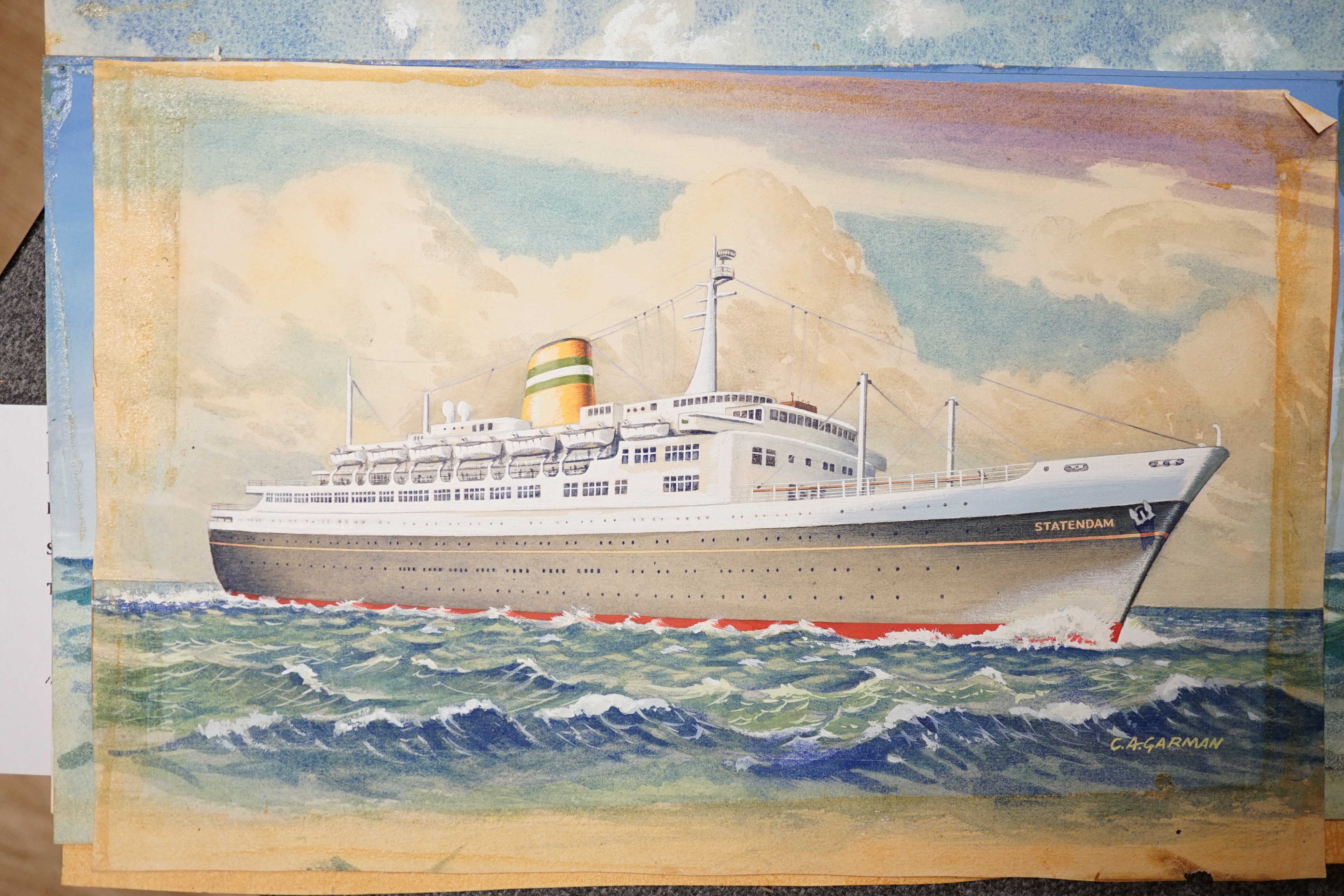 Cyril A Garman (20th. C), set of five original watercolours for postcard designs, ocean liners, ‘Pendennis Castle’, ‘Statendam’, ‘Empress of Britain’, ‘Amazon’ and ‘Rotterdam’, each signed, unframed, largest 24 x 35cm. C